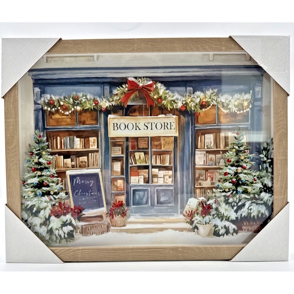 Hobby Lobby Winter Bookstore Framed Wall Decor Christmas Village NEW